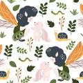 Seamless pattern with forest fairy and bunny - vector illustration, eps Royalty Free Stock Photo