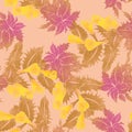 Seamless pattern with forest herb with purple leaves and yellow flowers