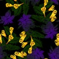 Seamless pattern with forest herb with purple leaves and yellow flowers