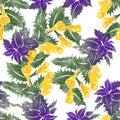 Seamless pattern with forest herb with purple leaves and yellow flowers