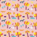 Seamless pattern with forest inhabitants. Background with wild a