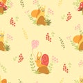 Seamless pattern with forest snails. Cute clam on mushroom and happy snail on stone with balloon in grass on light beige Royalty Free Stock Photo