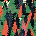 Seamless Pattern of Forest Wildlife with Painted Crows, Fir Trees and Tree Branches. The Repeating Design is Good for Wallpaper,