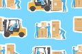 Seamless pattern with Forklift truck and Warehouses workers