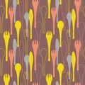 Seamless pattern of forks, spoons and knives. Retro mid century style design with tableware theme.