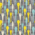 Seamless pattern of forks, spoons and knives. Retro mid century style design with tableware theme.