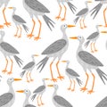 Seamless pattern in the form of cute herons. Funny hand-drawn animals. Creative children's background in