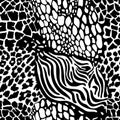 Seamless pattern of four animal prints. Abstract black and white composition of the pattern of zebra, tiger, lizard