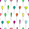 Seamless pattern of four balloons of different shapes and colors on strings