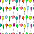 Seamless pattern of four balloons of different shapes and colors on strings
