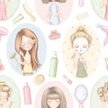 Seamless pattern with four girls who do beauty treatments and various cosmetics Royalty Free Stock Photo