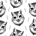 Seamless pattern with fox face. sly fox smiles. handmade illustration. Liar, dodger, mischievous, hoaxer. archetype in