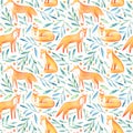Seamless pattern of a fox,heart and floral.Forest animals.