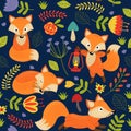 Seamless pattern fox on purple background