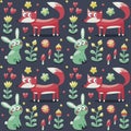 Seamless pattern fox, rabbit, hare, flowers, animals, plants, mushrooms, hearts