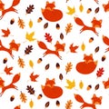 Seamless pattern with foxed, maple and oak leaves.