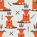 Seamless pattern, foxes with feathers