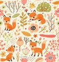 Seamless pattern with foxes and flowers.