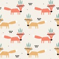 Colorful seamless pattern, foxes with feathers. Decorative cute background with animals