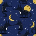 Seamless pattern with foxes, moon, stars