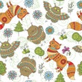 Seamless pattern with foxes, owls and trees