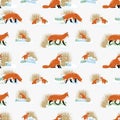 Seamless pattern with foxes and foxes Vulpes vulpes in early spring. Wild animal red fox and plots of land about snow. ice, dry gr Royalty Free Stock Photo