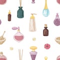 Seamless pattern with fragrant cosmetics, perfumes in glass bottles, mortar and pestle, incense sticks on white