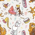 Seamless pattern. Freehand drawing cute musical dogs. Vector illustration.