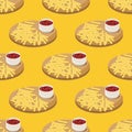 Seamless pattern of French fries and tomato sauce in a ceramic Cup on a wooden tray on a yellow background. Vector image