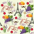 Seamless pattern in french style with food.