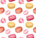 Seamless pattern with french sweet macaroons and lipstick prints. Can be used in food industry for wallpapers, posters, wrapping