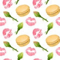 Seamless pattern with french sweet macaroons, roses and lipstick prints. Can be used in food industry for wallpapers, posters,
