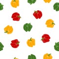 Seamless Pattern with Fresh Bell Pepper Vegetables on white background. Green, Yellow, Red Pepper. Cartoon Flat Style. Vector Royalty Free Stock Photo