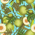 Seamless pattern with fresh breadfruits