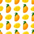 Seamless pattern with fresh bright exotic whole and sliced mango isolated on white background. Summer fruits for healthy lifestyle Royalty Free Stock Photo