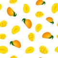 Seamless pattern with fresh bright exotic whole and sliced mango isolated on white background. Summer fruits for healthy lifestyle Royalty Free Stock Photo