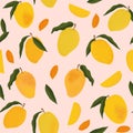 Seamless Pattern With Fresh Bright Exotic Whole And Sliced Mango Isolated On White Background. Summer Fruits For Healthy Lifestyle