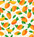 Seamless pattern with fresh bright exotic whole and sliced mango isolated on white background. Summer fruits for healthy lifestyle Royalty Free Stock Photo