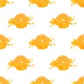 Seamless pattern with fresh bright orange, mandarin or tagerine juice splash burst isolated on white background. Summer fruit Royalty Free Stock Photo