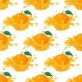 Seamless pattern with fresh bright orange, mandarin or tagerine juice splash burst isolated on white background. Summer fruit Royalty Free Stock Photo