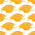 Seamless pattern with fresh bright orange, mandarin or tagerine juice splash burst isolated on white background. Summer fruit Royalty Free Stock Photo