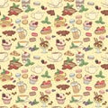Seamless pattern fresh desserts with coffee, tea, berry, ice cre