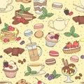 Seamless pattern fresh desserts with coffee, tea, berry, ice cre