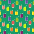 Seamless pattern with fresh fruit and berry smoothies in mason jars with straw. Vector hand drawn illustration. Royalty Free Stock Photo