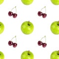 Seamless pattern of fresh green apples, red cherry berries isolated, white background, apple and cherries berry repeating ornament Royalty Free Stock Photo