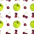Seamless pattern of fresh green apples, red cherry berries isolated, white background, apple and cherries berry repeating ornament Royalty Free Stock Photo