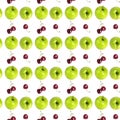 Seamless pattern of fresh green apples, red cherry berries isolated, white background, apple and cherries berry repeating ornament Royalty Free Stock Photo