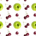 Seamless pattern of fresh green apples, red cherry berries isolated, white background, apple and cherries berry repeat ornament Royalty Free Stock Photo