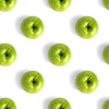 Seamless pattern fresh green apples with shadow isolated top view, white background, granny smith apple repeating ornament Royalty Free Stock Photo