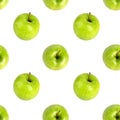 Seamless pattern of fresh green apples top view isolated, white background, granny smith apple repeating ornament, fruit wallpaper Royalty Free Stock Photo